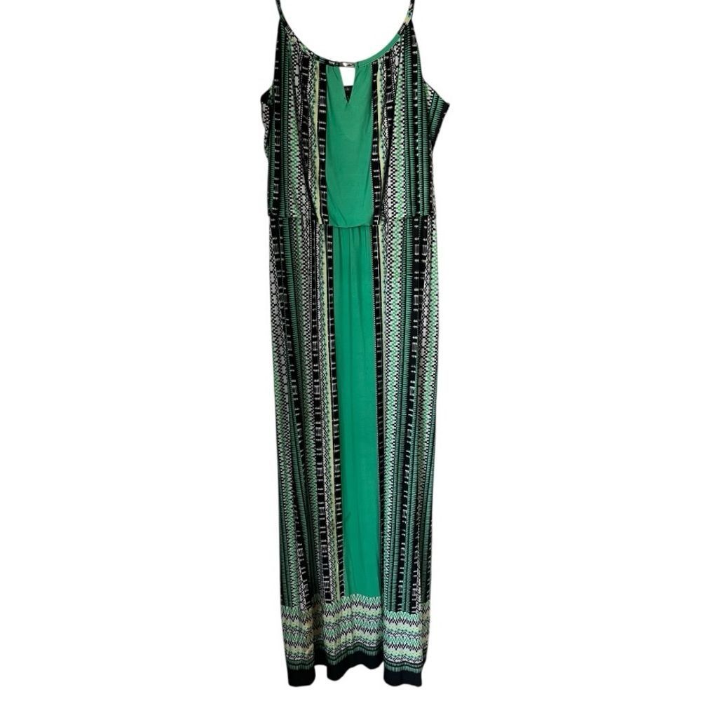 Style & Co Green Black Patterned Blouson Smocked Summer Vacation Maxi Dress Sz L